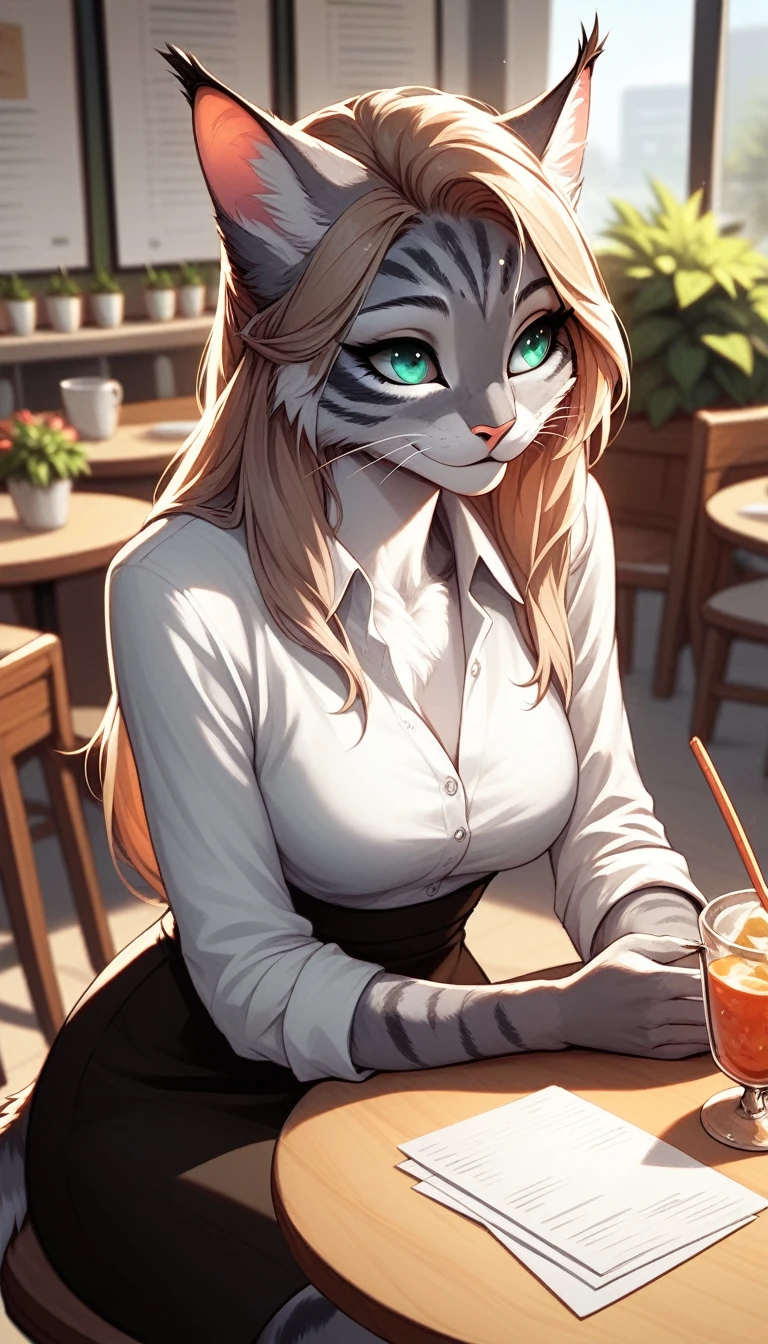 Furry, female cat, puss, office clothes ,sitting in a cafe, summer terrace, sits by the table, tilted her head slightly, long hair