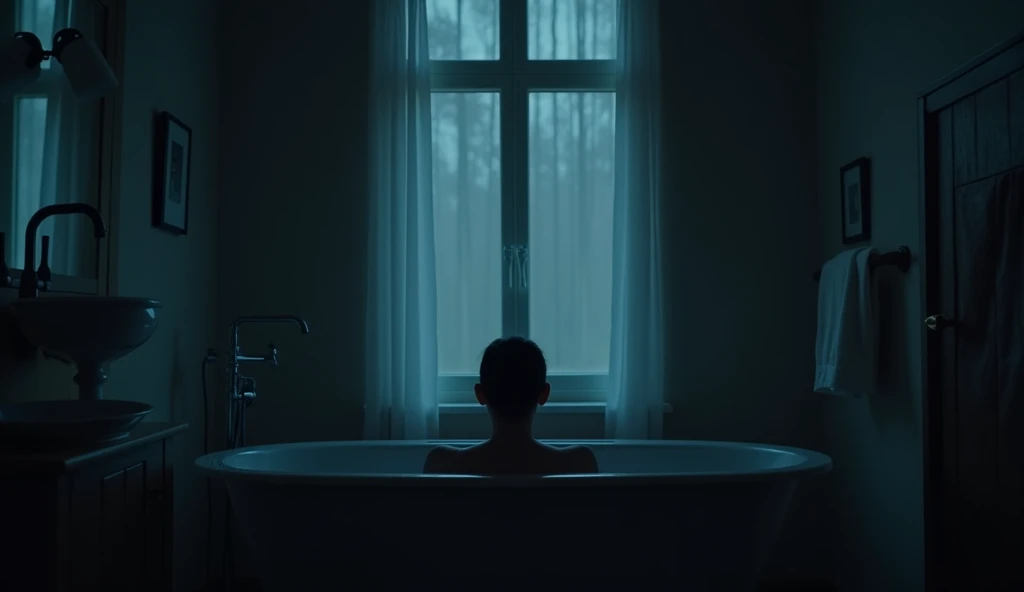 a night portrait in a bathroom in the middle a window with curtains, all dimly lit dark photo, a woman in the bathtub