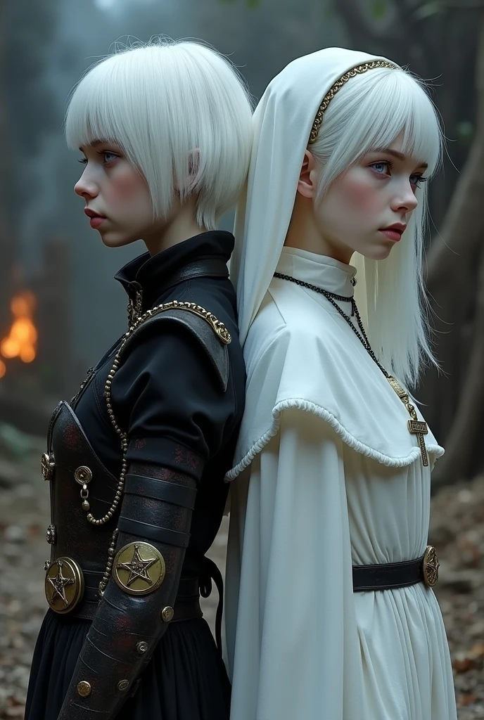 Two albino girls from the Middle Ages with white hair and soft violet eyes, back to back, with the one on the left having short hair wearing black alchemist clothes and her left arm having a steampunk prosthesis with a pentagram., and girl on the right in white nun clothes, and a cross necklace, facing an execution at the stake.