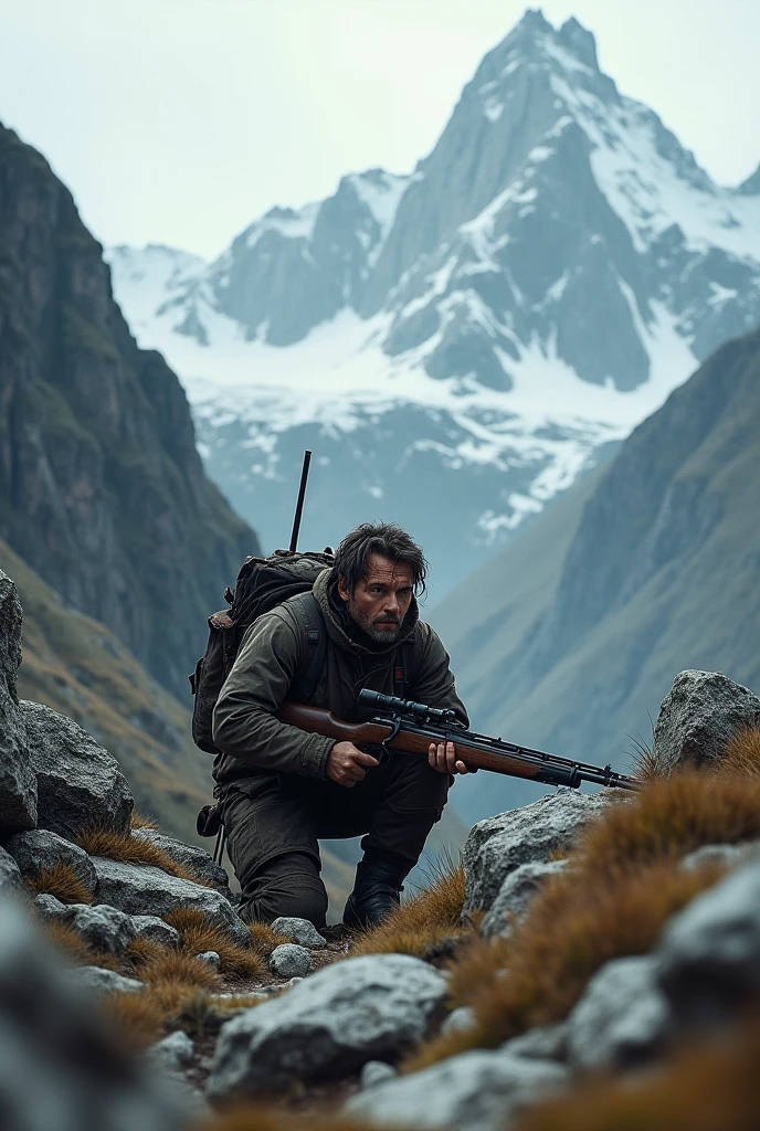 Create a hunter lost and hiding in the mountains with a rifle