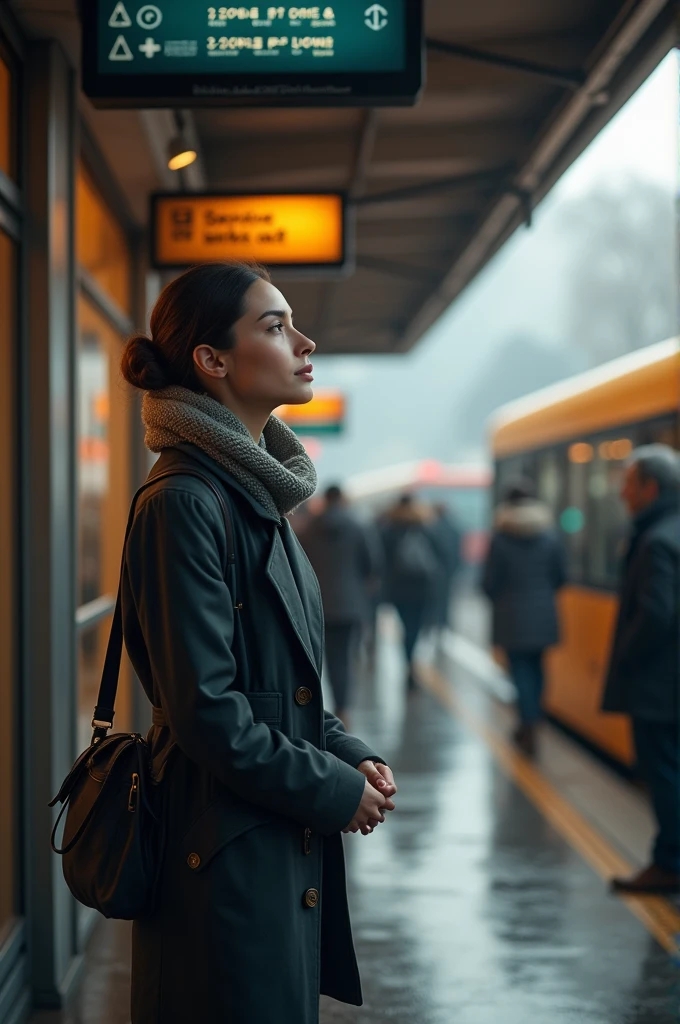 Generate an image of a woman waiting for a man to get off the bus at the bus station