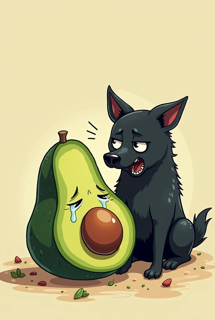 Draw the avocado crying very loudly lying on the floor and the black dog next to it laughing
