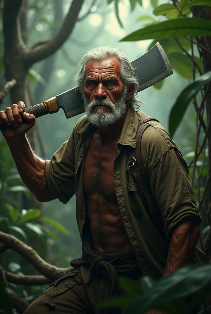 A grandfather with a machete and that grandfather looks scary