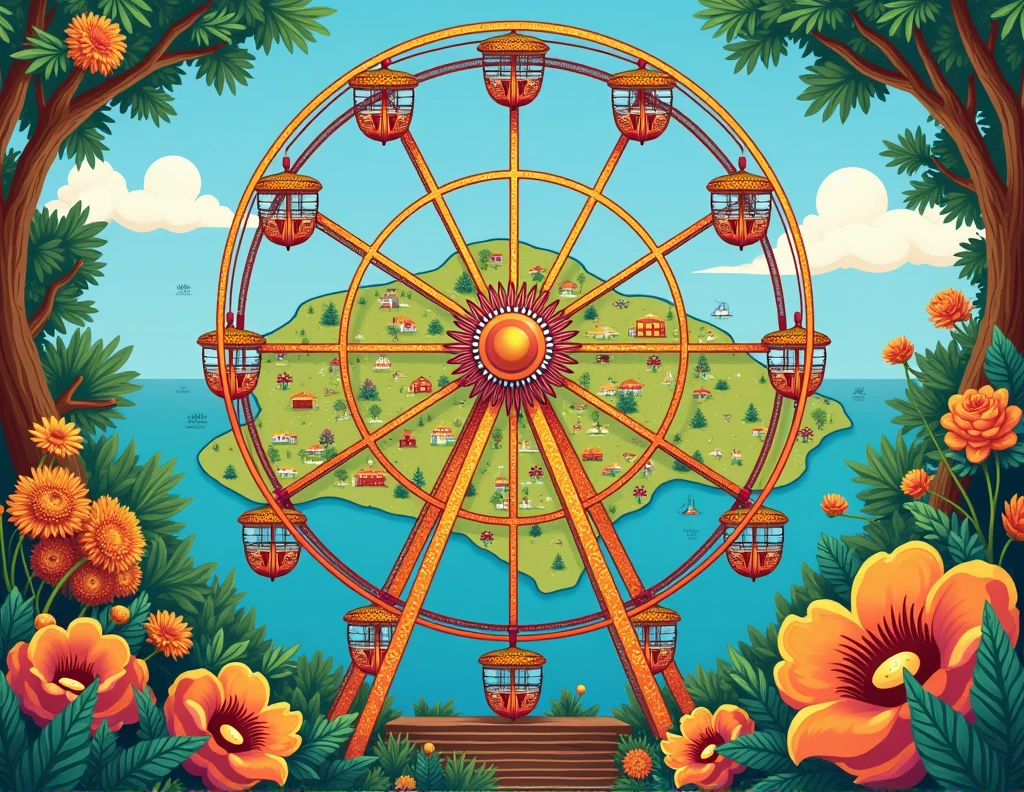 I want you to generate 3 design options for a cover for a teaching unit on Honduras. The background should be a colorful map of the country with illustrations of its main cities.. In the middle, A giant Ferris wheel with cabins decorated with Honduran motifs. around, typical food, crafts and landscapes. The style should be a mix between realistic and illustrated, with vibrant colors and a gold frame.