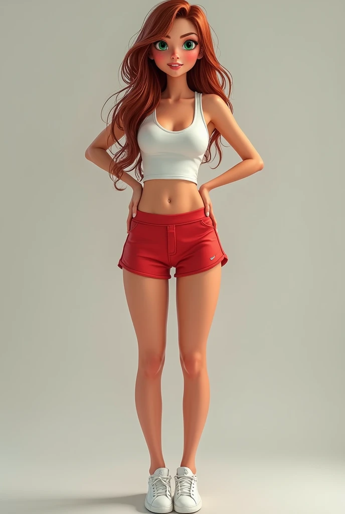 woman,slim,beautiful,large eyes,green eyes, Whole body, wide face, Wide nose, thick lips,hair, chestnut,seeds,, hair largo, staring straight into the camera,with tight red sports shorts,white top,,white tennis shoes,de Whole body,standing, with hands on waist, happy