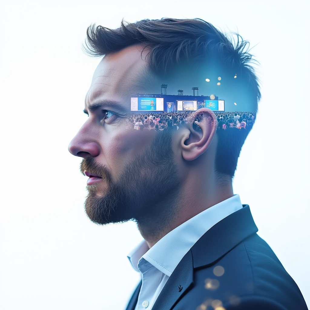 Innovative double exposure work showing a man of Slavic appearance, side shot, all filled with image of a lively scientific conference, blue and purple tones, ultra high resolution 32k, white background