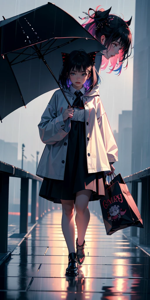 uhd, textured skin, good quality, High details, masterpiece, best quality, (Amazingly absurd:1.2), (masterpiece:1.2), fluffy, 1 Vampire Girl, scars, glowing eyes, shining hair , Whole body love, black hair, hair bow, full body, Kawaiitech, soft colours, Kawaii, Beautiful colors, walking in the streets, heavy rain, Wet