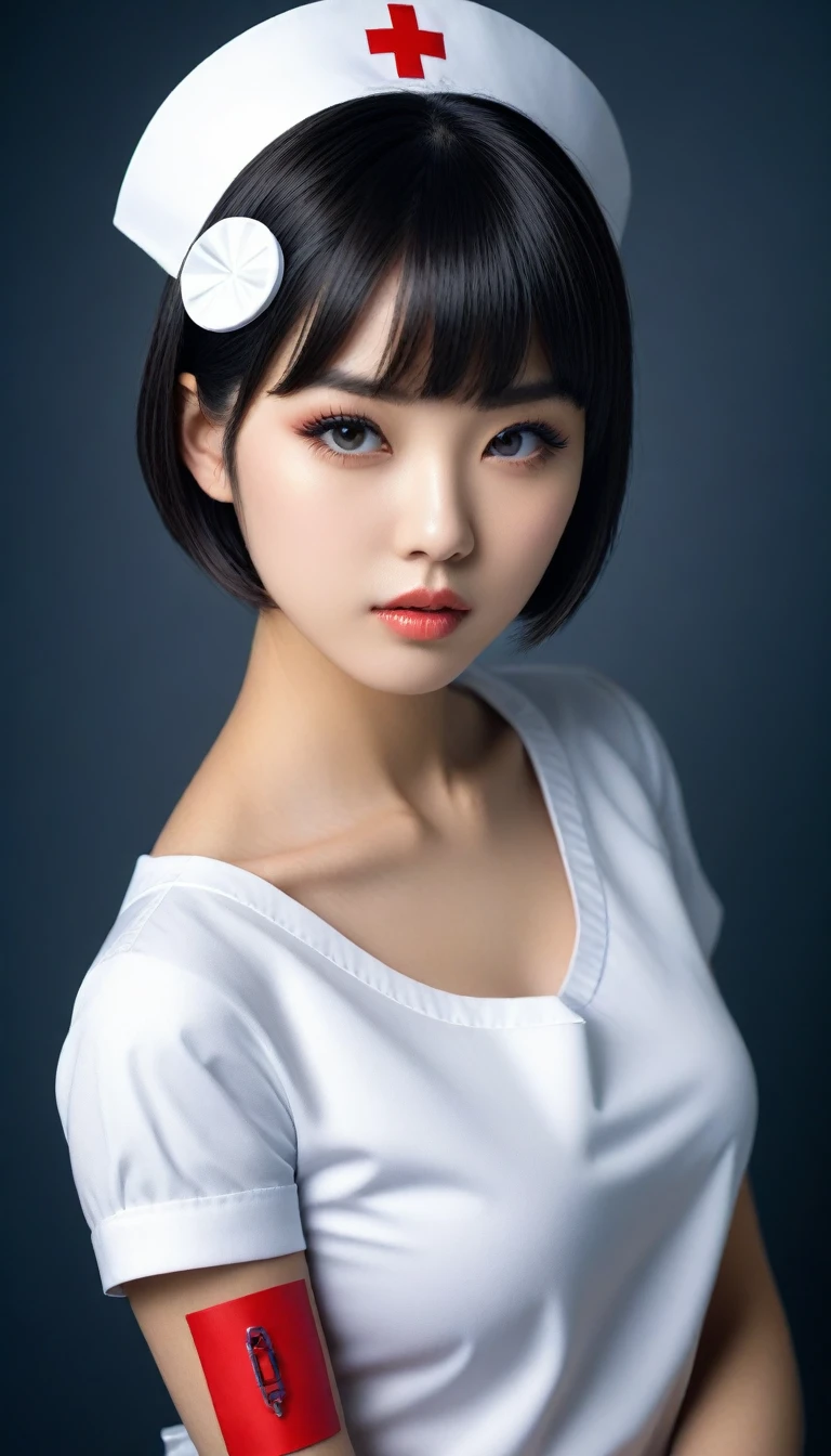 8k, Ultra-high resolution, Highest quality, masterpiece, 三分割法によるphotograph,Surreal, photograph, 1 , (:1.3), cute, cute顔, 細部までBeautiful Eyes, 細かくdetailedに,masterpiece,One Girl:1.2,Japanese women,nurse,upper body,glaring,Black short hair,Bowl cut,ID photo,((Humanoid Android)),(Nurse uniform of the future:1.3),Mechanized body,cyber punk,Eccentric,Medical Treatment Room,white collar,(Beautiful attention to detail),Subtle details, detailedな顔,anger,Attractive eyes,(ポートレートphotograph:1.4),(Photorealistic images:1.4),Fantasy art,(Beautiful Face:1.4),美しくAttractive eyes、Beautiful Eyes,Silver residue,(Tight waist:1.4)、(Beautiful with perfect body proportions:1.4),Pink Lips,profile,(((Ideal body type))),A-cup small breasts :2,、Portraiture:2、Perfect Anatomy、鮮明なdetailed、detailed,Fashion magazine cover,Thin lips,完璧でBeautiful Face ,完璧でcute顔, Skin with attention to detail, Perfect limbs、Narrow waist,Surreal,Light and shadow,spotlight