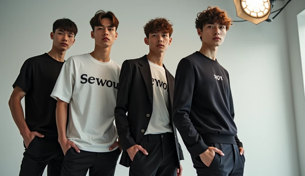 give me a picture of 2 or 3 male models in one picture with wearing oversize t-shirt and wearing formals paint and photoshoot in studio, and print the word on t shirt = Sewool
