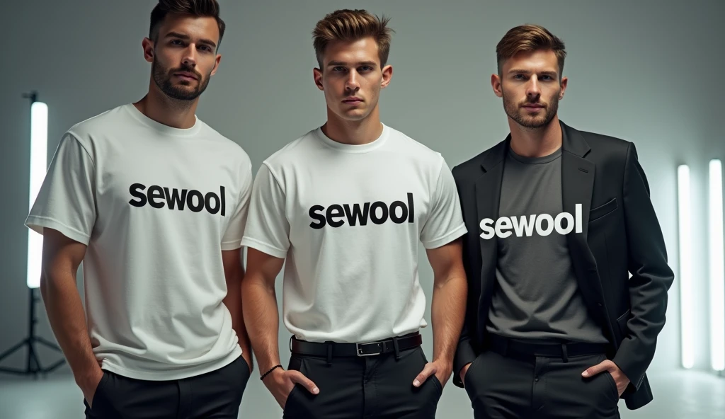 give me a picture of 2 or 3 male models in one picture with wearing oversize t-shirt and wearing formals paint and photoshoot in studio, and print the word on t shirt = Sewool
