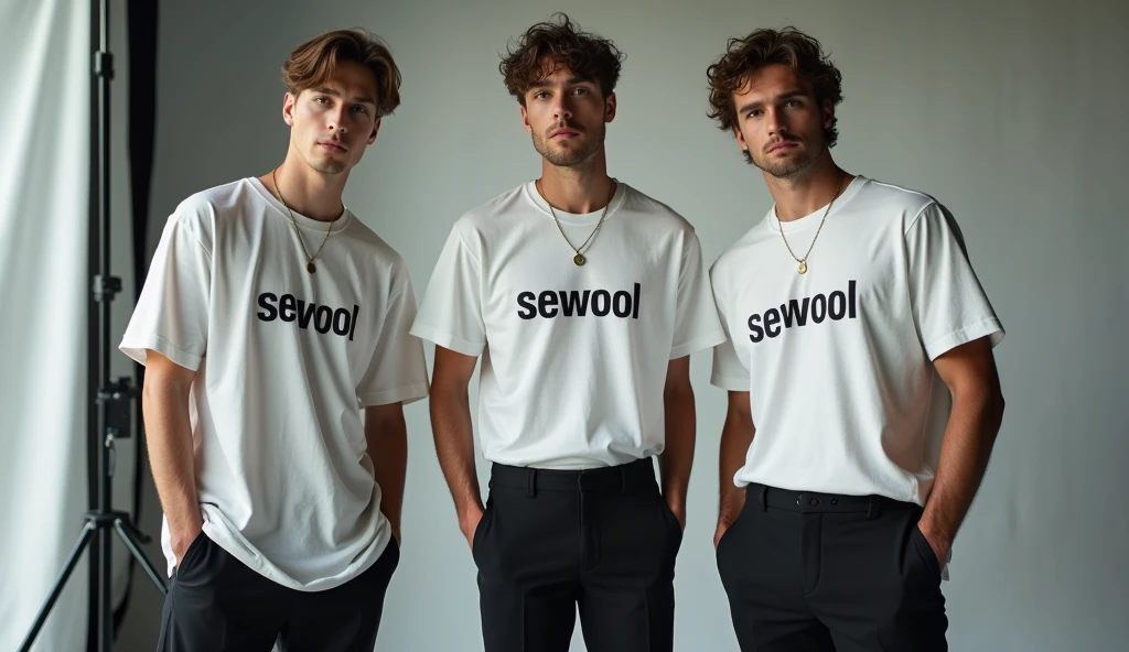 give me a picture of 2 or 3 male models in one picture with wearing oversize t-shirt and wearing formals paint and photoshoot in studio, and print the word on t shirt = Sewool
