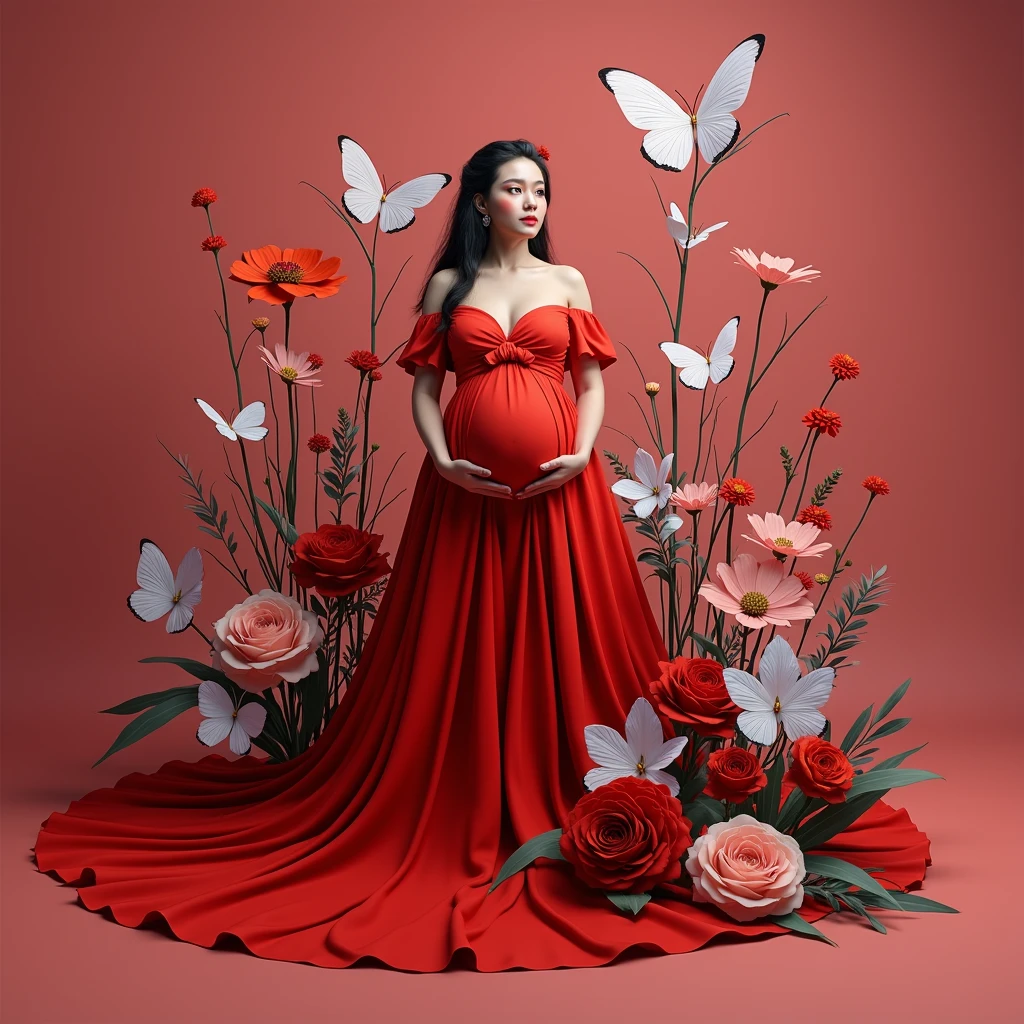 pregnant woman in red gown surrounded by flowers and butterflies, a colourised photo by Elena Guro, trending on cg society, conceptual art, blue and pink colors, blue and pink color scheme, blue and pink, maternal photography 4 k, pastel blues and pinks, pink and red colors, pink and blue colour, red and pink colour splash, pink and blue
