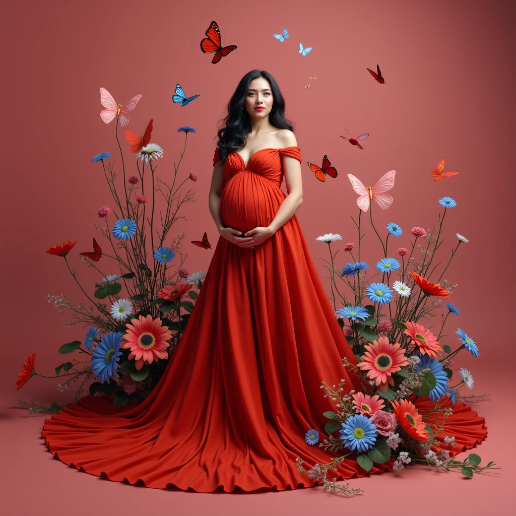 pregnant woman in red gown surrounded by flowers and butterflies, a colourised photo by Elena Guro, trending on cg society, conceptual art, blue and pink colors, blue and pink color scheme, blue and pink, maternal photography 4 k, pastel blues and pinks, pink and red colors, pink and blue colour, red and pink colour splash, pink and blue