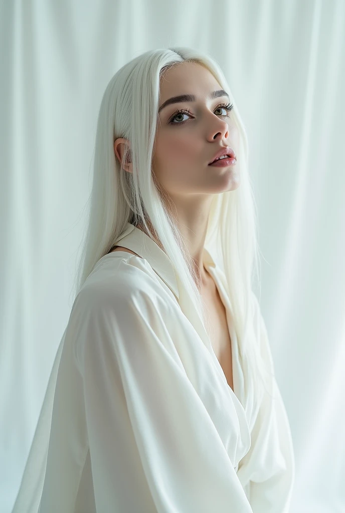 A woman with long straight white hair slicked back,she will have bleached eyebrows,she will wear a white silk dress,and will strike a pose with an air of melancholy,I want the pearl white background,I want her looking up and the image with an air of melancholy