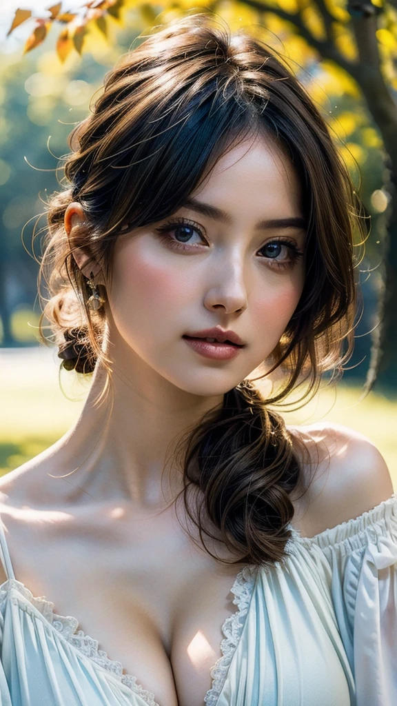 (8k, Highest quality, masterpiece:1.2),(Highest quality:1.2), (Ultra-high resolution:1.0), watercolor, Beautiful woman, shoulder, Hair Ribbon, Agnes Cecil, Half Body Portrait, Very bright and luminous design, pastel colour, (ink:1.3), Autumn Light,Large Breasts:1.8