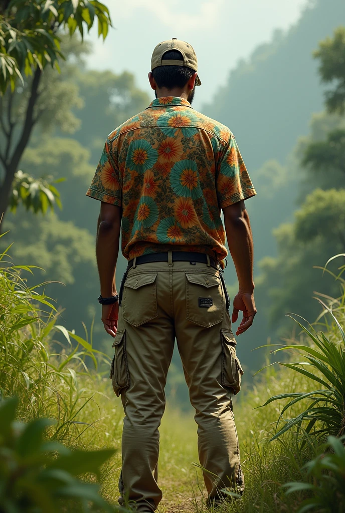 A tall man wearing a cap, a Brazilian shirt and beige pants, back to back in a natural landscape, with grass and forest behind. PICTURE REALISTIC.