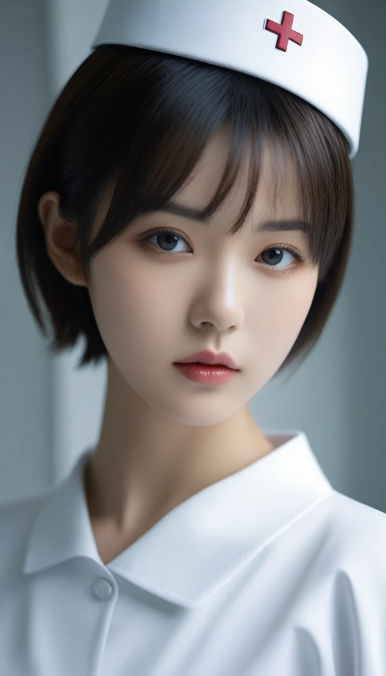 8k, Ultra-high resolution, Highest quality, masterpiece, 三分割法によるphotograph,Surreal, photograph, 1 , (:1.3), cute, cute顔, 細部までBeautiful Eyes, 細かくdetailedに,masterpiece,One Girl:1.2,Japanese women,nurse,upper body,glaring,Black short hair,Bowl cut,ID photo,((Humanoid Android)),(Nurse uniform of the future:1.3),Mechanized body,cyber punk,Eccentric,Medical Treatment Room,white collar,(Beautiful attention to detail),Subtle details, detailedな顔,anger,Attractive eyes,(ポートレートphotograph:1.4),(Photorealistic images:1.4),Fantasy art,(Beautiful Face:1.4),美しくAttractive eyes、Beautiful Eyes,Silver residue,(Tight waist:1.4)、(Beautiful with perfect body proportions:1.4),Pink Lips,profile,(((Ideal body type))),A-cup small breasts :2,、Portraiture:2、Perfect Anatomy、鮮明なdetailed、detailed,Fashion magazine cover,Thin lips,完璧でBeautiful Face ,完璧でcute顔, Skin with attention to detail, Perfect limbs、Narrow waist,Surreal,Light and shadow,spotlight