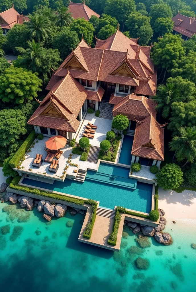 (masterpiece:1.2, Highest quality, Ultra-high resolution, Very detailed, Realistic, RAW Photos:1.2, Elaborate photos), 8k, wallpaper, (Ray Tracing), Thai mansion, (Drone view capturing the entire mansion, Traditional Thai architecture with modern elements, Lush tropical gardens with vibrant greenery, Multiple pavilions connected by walkways, Infinity pool overlooking the ocean, Beachfront property with private access, Traditional Thai roofs with ornate details), A photo that offers a breathtaking aerial perspective of the mansion, showcasing the harmonious blend of architecture and nature, with the crystal-clear waters of the sea and the sprawling outdoor spaces creating a serene paradise.