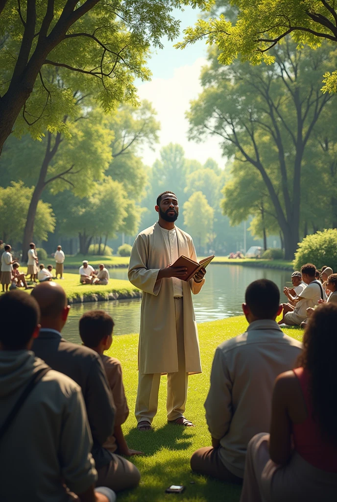 create for me an image of an outdoor landscape with people playing and walking while a black man preaches the words of the bible with soft instrumental music in the background