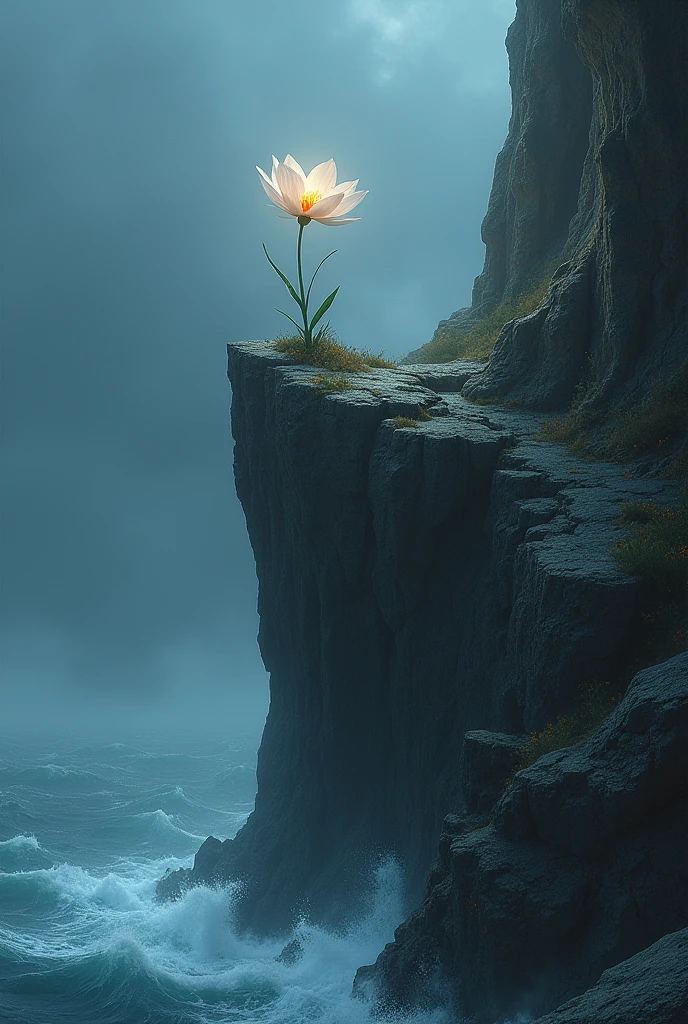 one beautiful luminescent small flower growing admidst the stone of a very high cliff, dangerous to climb, stormy sea underneath, upward perspective, seen from a distance