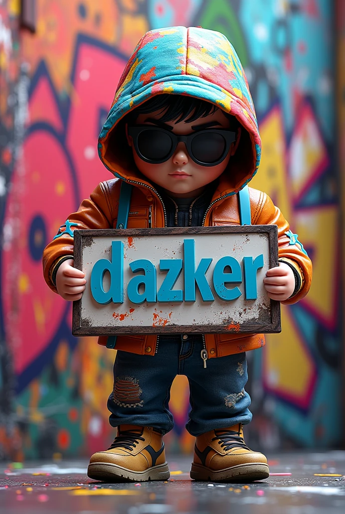 Wallpaper of a gamer avatar holding a sign with the word DAZKER, with graffiti jacket and in 3D style