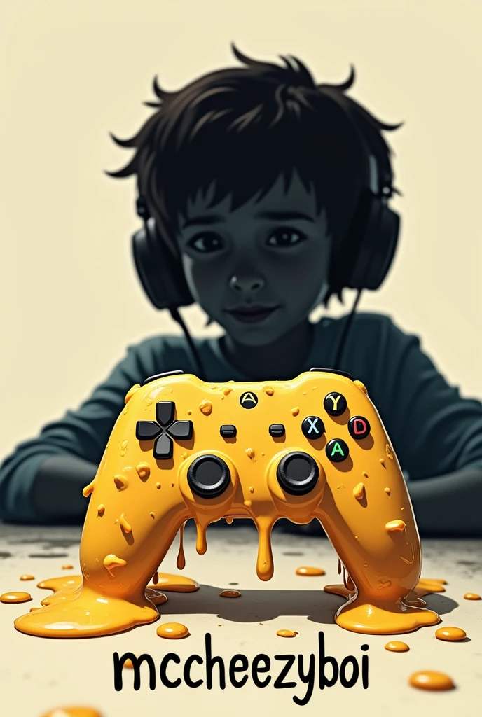 Game controller, covered in cheese, with a shadow boy in the background wearing a headset on, says McCheezyboi underneath, clip art