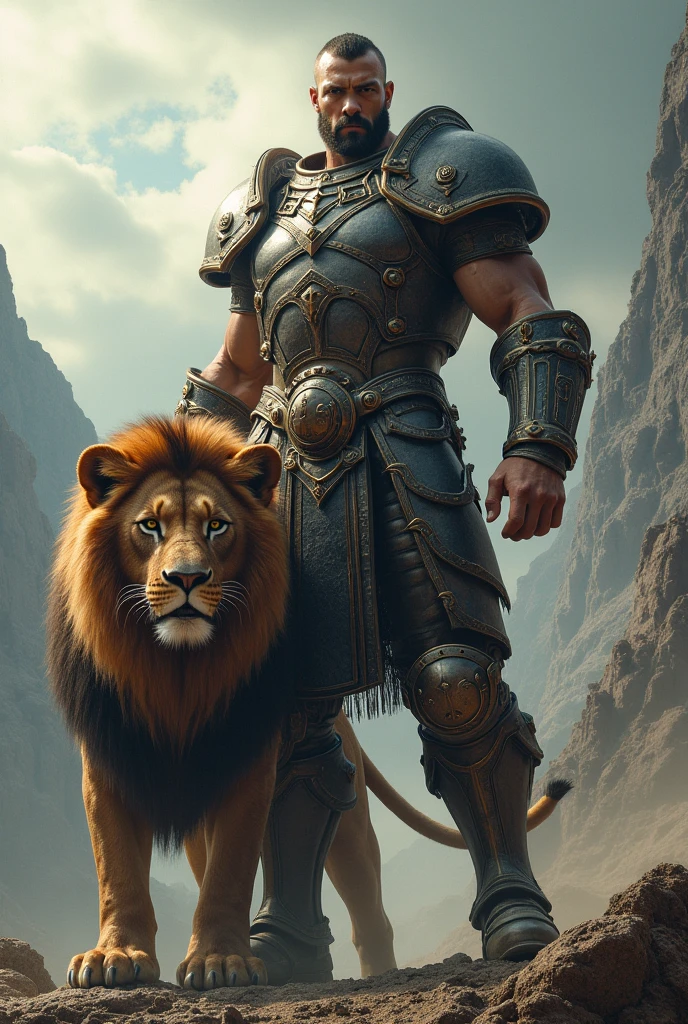 Epic warrior with a giant lion