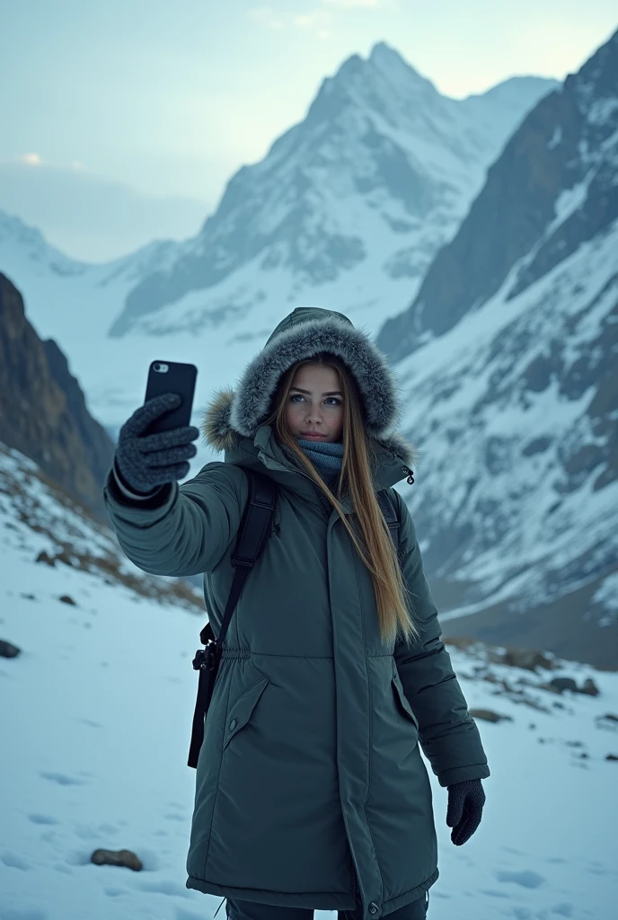 Cold scary taking a selfie of herself in mountain
