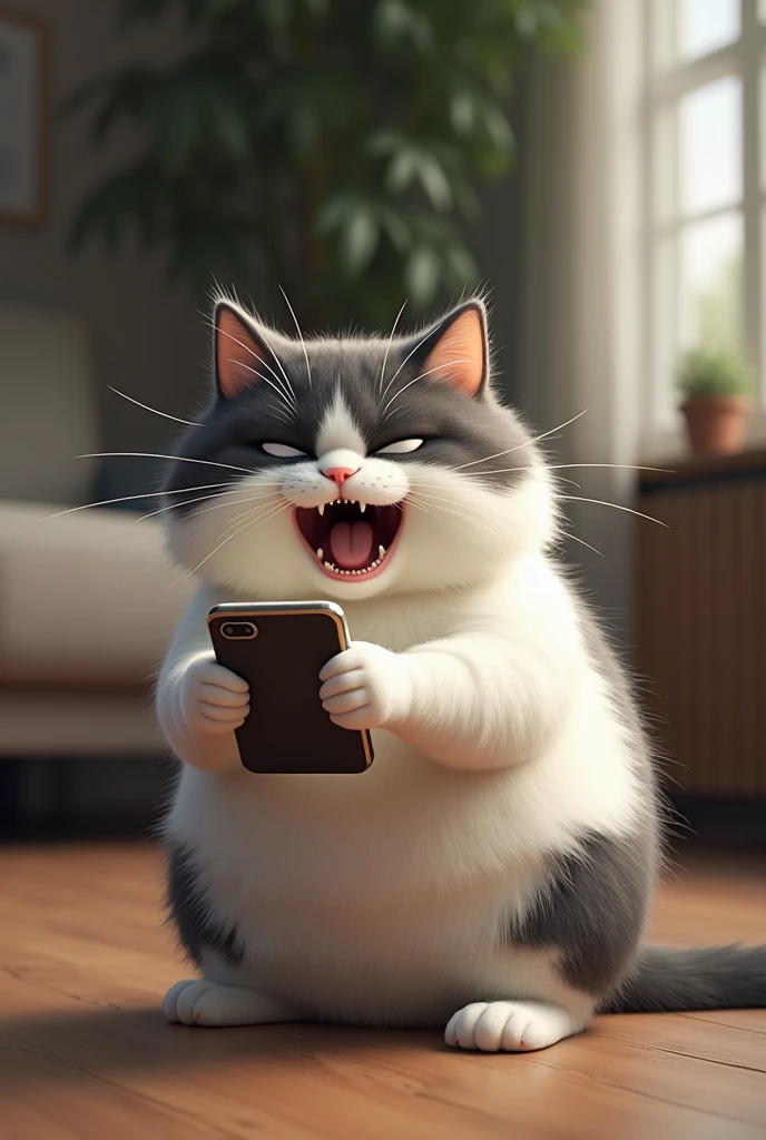 A chubby white and black mixed cat is looking at the phone and shouting 