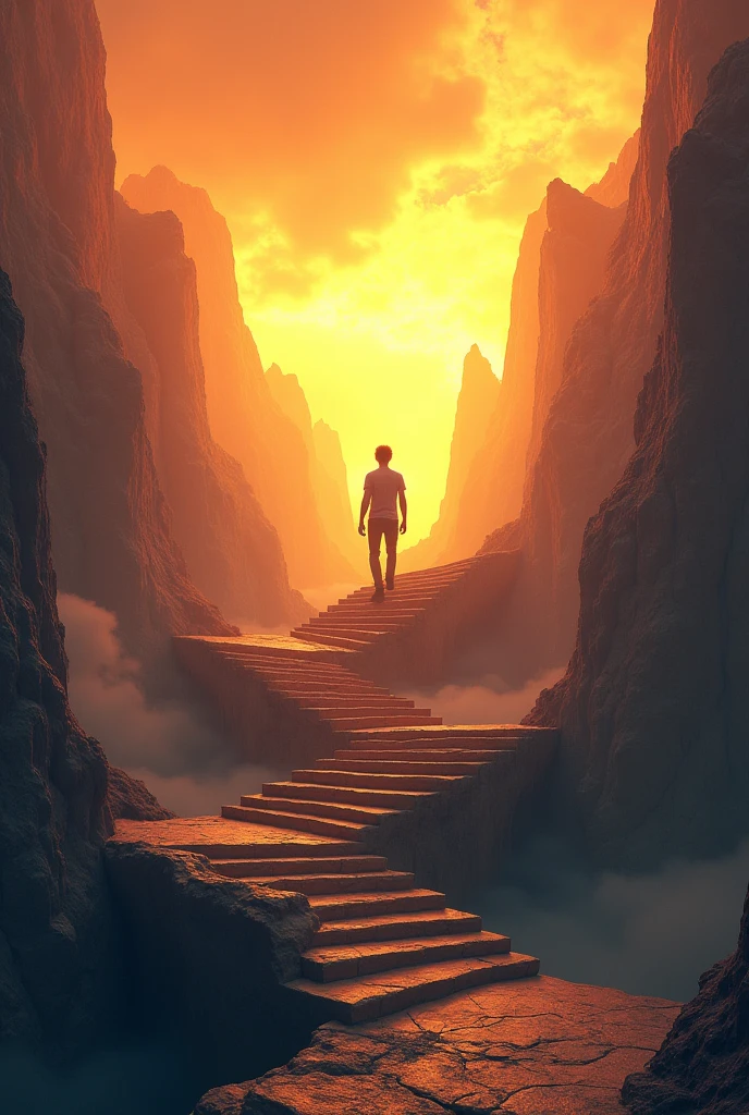 Normal person climbing the stairs of the yellow sky