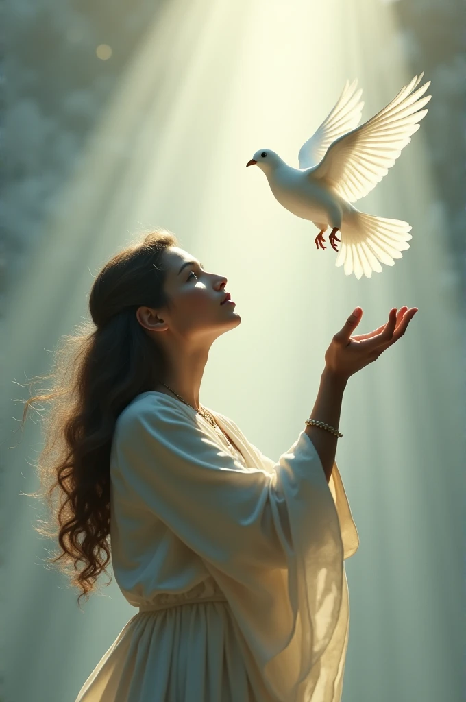 Image of a Christian woman looking at the sky raising her hand and a dove as a sign of the Holy Spirit appearing