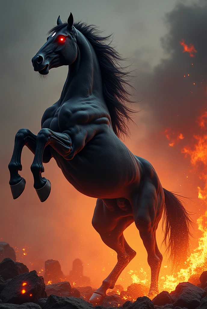 Erstelle ein Bild mit einem black
angreifenden aggressiven mächtigrn PullHorse hengst
mit übertriebenen herausstehenden Muskeln und Adern und feuerroten Augen, which stands on its hind legs and stretches its front hooves high in the air. black, carbonizing, flames ground in stomps. The background should be a flaming inferno so that you can see the heat
