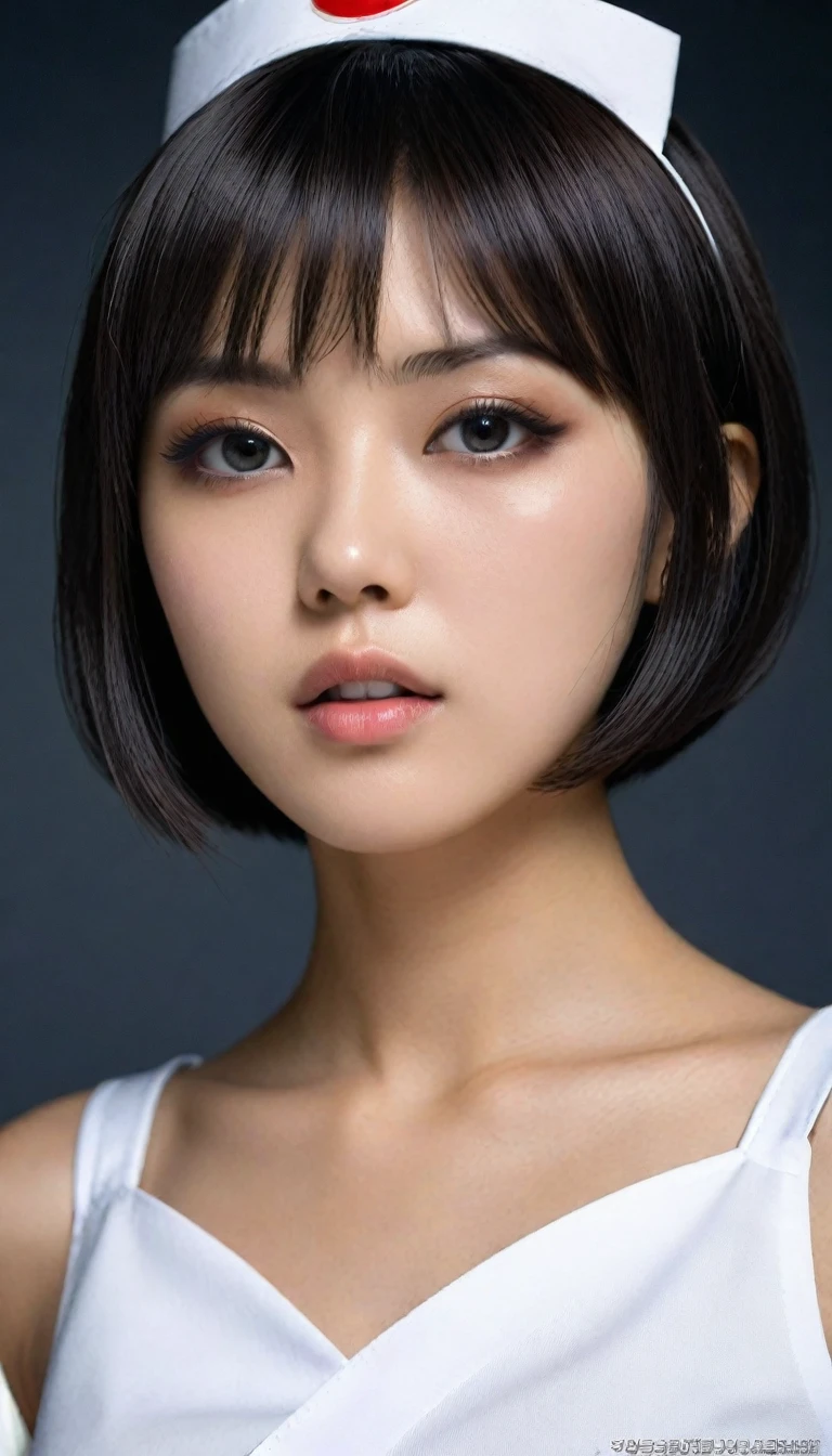 a close-up of a woman with , ela tem cabelo preto with bangs, hime black haircut, ulzzang, korean, with short hair with bangs, with short hair, dilraba dilmurat, garota korean cruel, hairstyle with bangs style, with bangs, korean symmetrical,,,,,,,,,,,,,, ultra-detailed portrait of lips with dark nude lipstick.The image is full HD with impressive clarity that captures every detail,from the soft lines of the lips to the subtle shine of the lipstick. the lighting accentuates the depth of the color,creating a dramatic and seductive effect,with a dark background to contrast and highlight the lips. with a v-neck shirt highlighting her beautiful breasts.