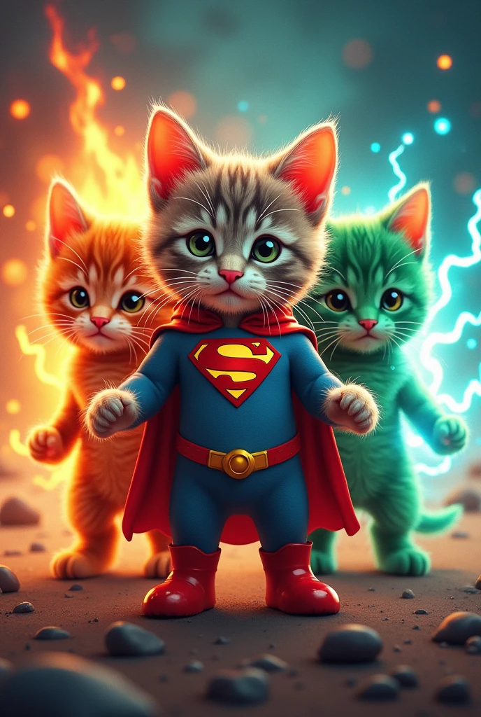 The image you uploaded shows three adorable kittens, each stylized with unique superhero-like elements:
1. **Left Kitten**: A bright red kitten with an intense fiery glow surrounding it. The kitten has a fierce, determined expression, and the background is ablaze with red and orange hues, resembling a fire-themed superhero.
2. **Center Kitten**: A gray kitten wearing a Superman-like outfit, complete with a red cape and a blue suit featuring the iconic Superman emblem. The background includes planets and a cosmic scene, highlighting a space or super-powered theme.
3. **Right Kitten**: A green kitten with an electric aura, giving off a glowing green light. The kitten appears to be standing in a charged environment, possibly representing an electricity-themed superhero.
The overall style is vibrant and playful, combining the cuteness of kittens with the epicness of superhero themes. The center of the image features the text "CARTOON FINAL UNIVERSE" in bold, positioned across the chest of the middle kitten, which further emphasizes the theme of a cartoon or animated superhero universe.