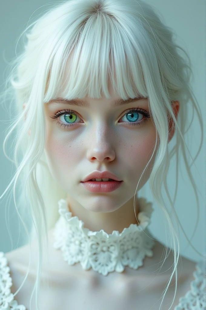 Woman white hair albino heterochromia Vitiligo high 8k ultra realistic
