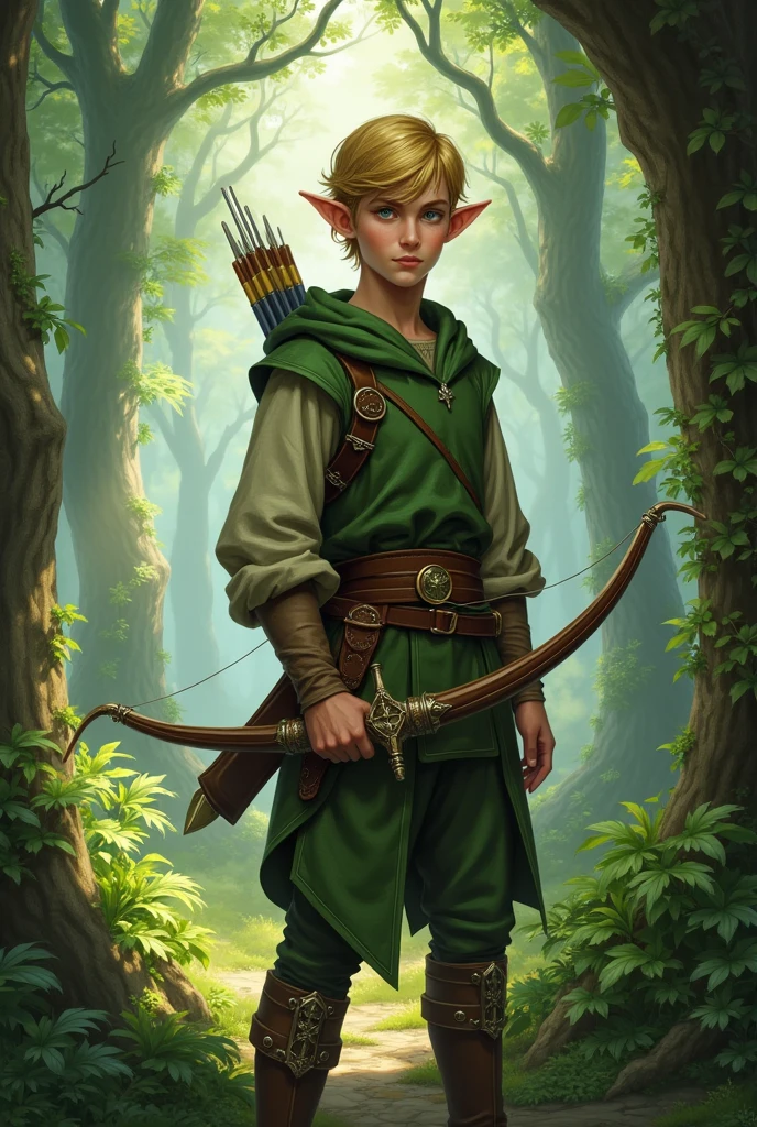 in a medieval world.
A age elf from ,male, with blond hair and green eyes.
wearing green clothes ,a bow and arrow and a sword