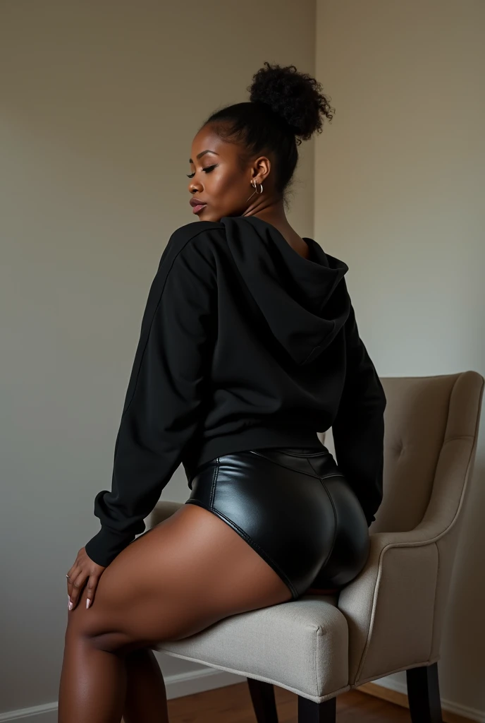 Black woman wearing leather short shorts and black hoodie hair in a bun getting up from a chair. Camera looking at her butt. Backside view low angle