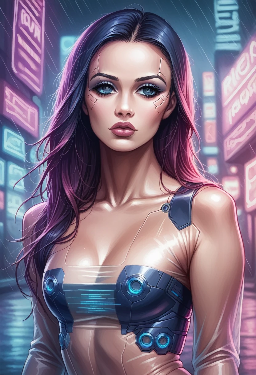 ((translucent clothes)), ((cyberpunk)), a cyberpunk girl wearing translucent futuristic clothes, beautiful detailed eyes, beautiful detailed lips, extremely detailed face, long eyelashes, cyborg implants, neon lights, rainy city background, cinematic lighting, dramatic atmosphere, vibrant colors, realistic, photorealistic, 8k, high resolution, intricate details, masterpiece