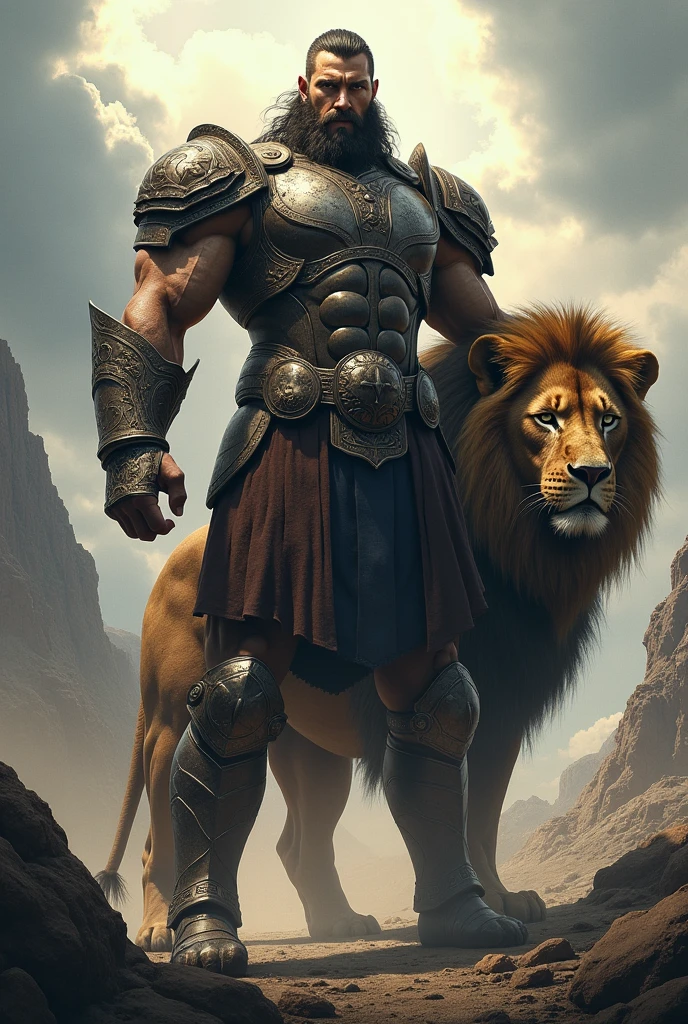 Epic warrior with a giant lion