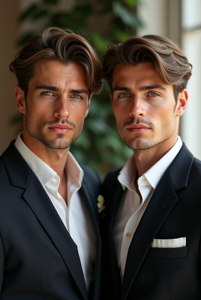 Twins, light eyes brown hair French features, skinny but muscular like models, blue eyes, one more cheerful than the other, men