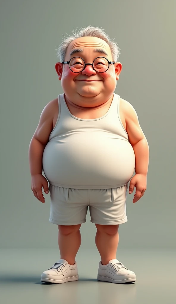 High resolution, masterpiece, In the whole body frame、Full body standing、Japanese、Ultra-short stature、Fat and obese grandpa、A soothing and charming face、Small lens round rimmed glasses、Cleanliness、Thinning grey hair、Sweaty all over、White tank top、Shorts、running shoes、Background gym