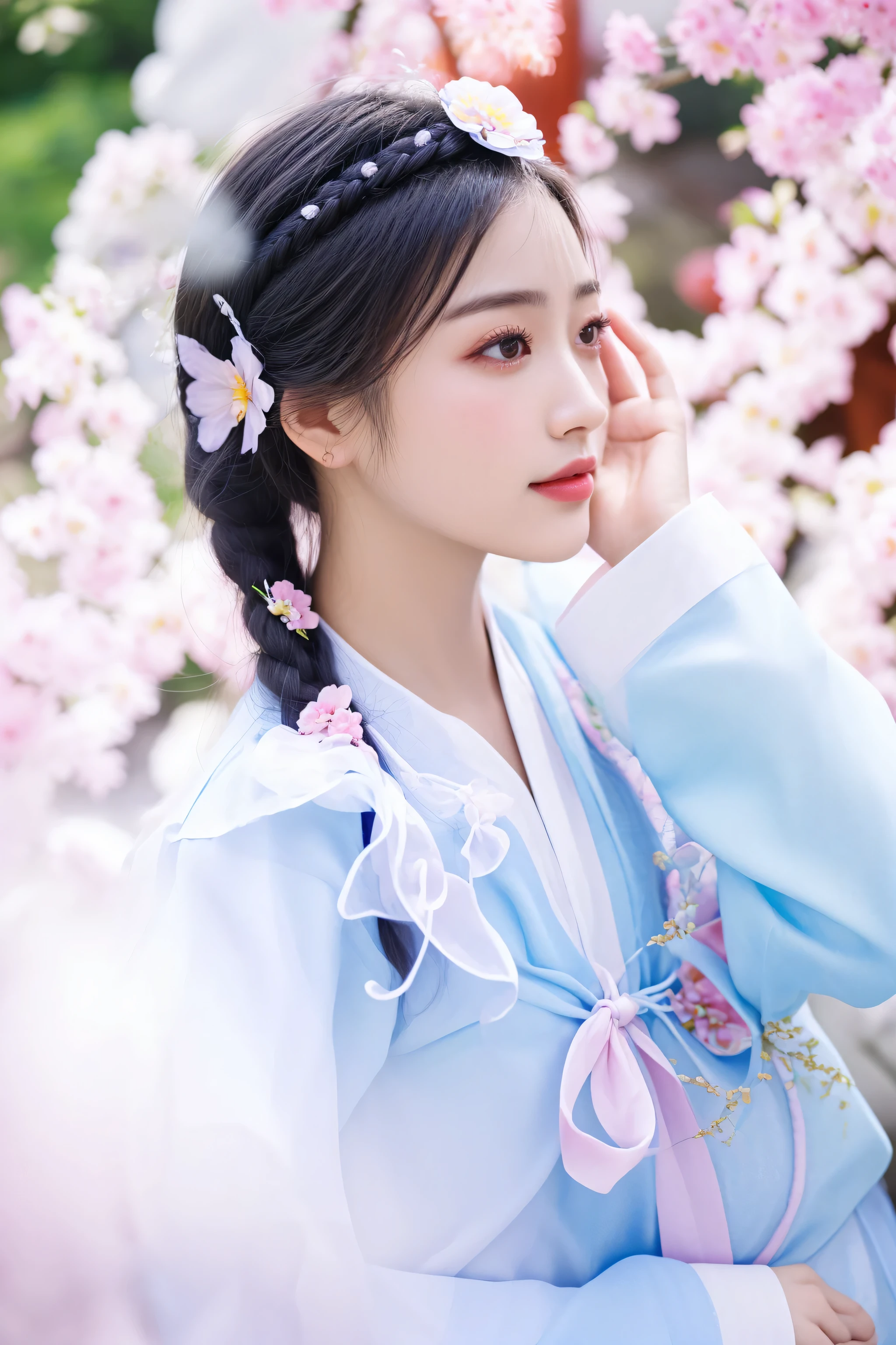 araffe woman in a blue dress with a pink flower in her hair, palace ， a girl in hanfu, white hanfu, hanfu, traditional chinese clothing, wearing ancient chinese clothes, hanbok, chinese costume, 中 元 节, inspired by Huang Ji, korean hanbok, with acient chinese clothes