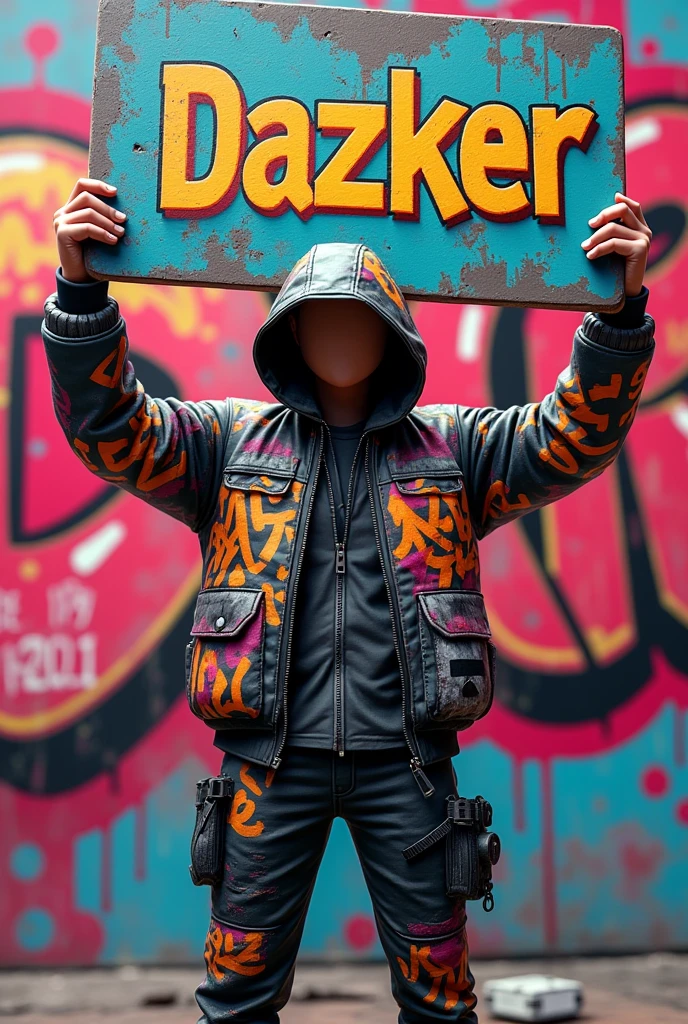 Wallpaper of a gamer avatar holding a sign with the word DAZKER, with graffiti jacket and in 3D style