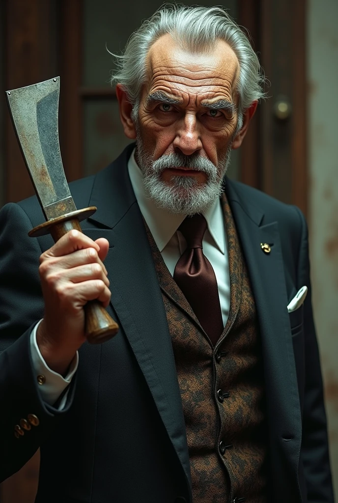 An old man with a machete,and with a fancy suit and the grandfather looks scary