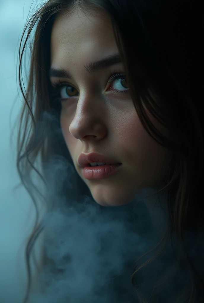 Photograph of a young woman looking straight ahead, It is caused by swirling smoke and vapor., Peter Lindbergh&#39;s Style, complicated artwork masterpiece, ominous, golden ratio, Trending on CGSociety, complicated, epic, Trending on artstation, by artgerm, Highly detailed, lively, Production of character performances in cinemas, Extremely high quality model