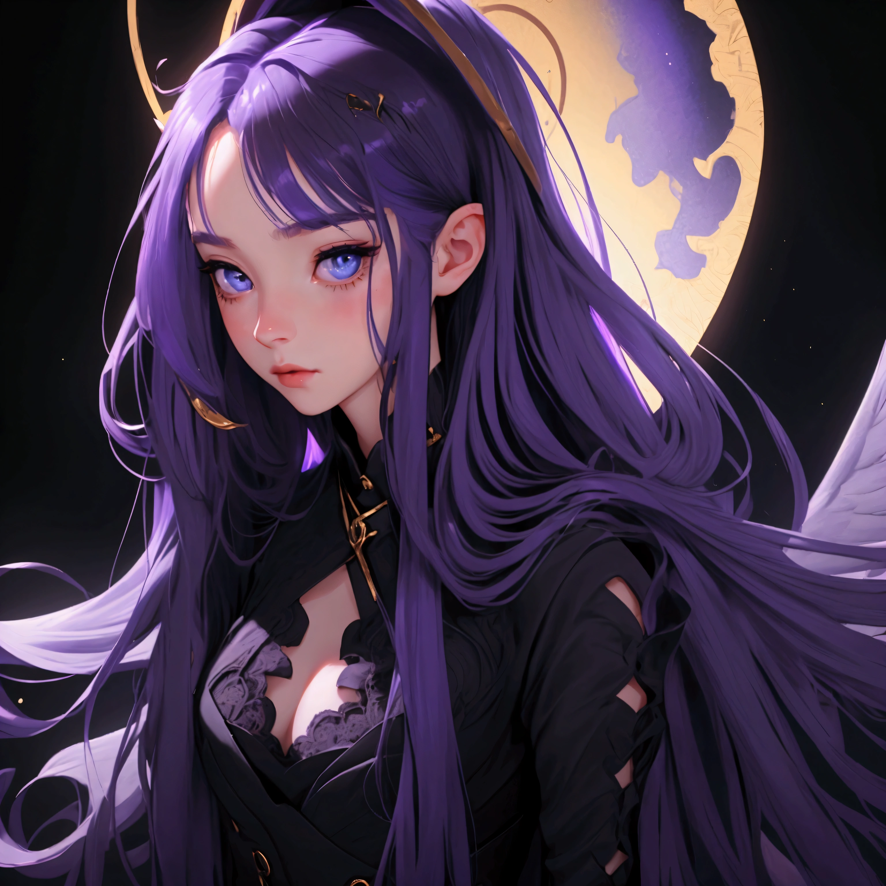 envision a 8k, highres, cinematic, close up beautiful portrait of a slender girl named Ina'nis Ninomae with long purple hair, blue eyes, in a black dress with lace and waist wings with a golden halo above her head against a dark gray background