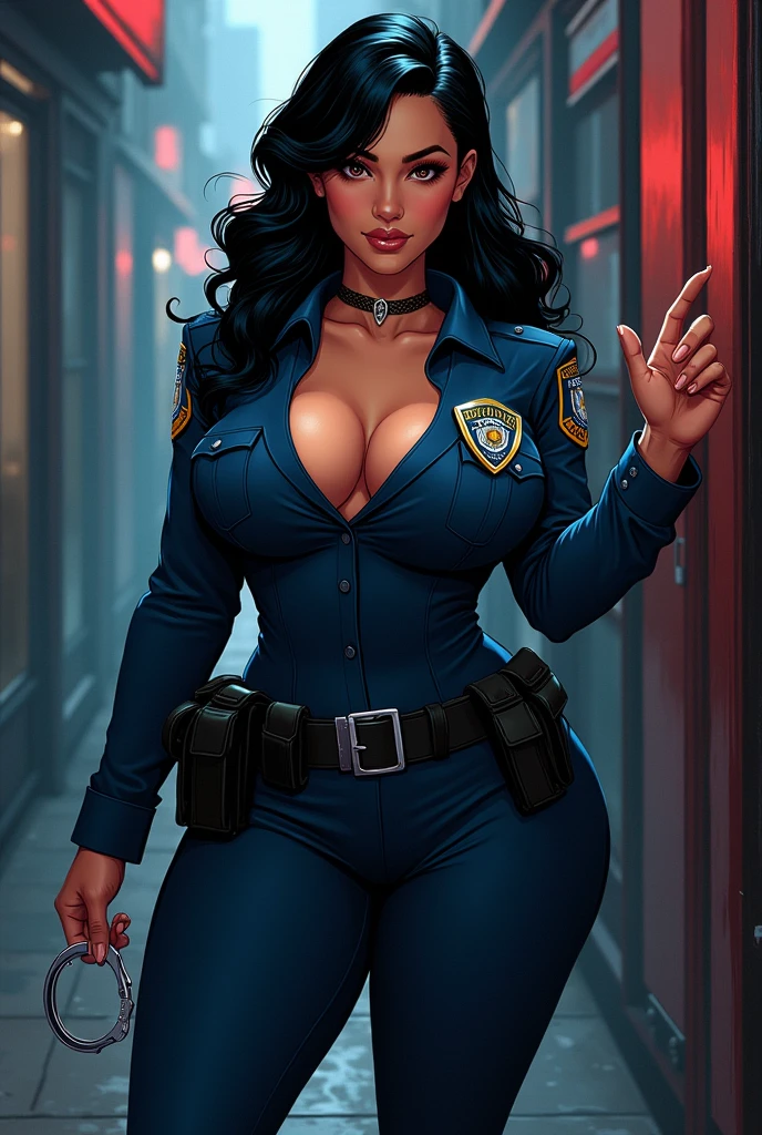 Drawing of a chubby sensual woman with black hair dressed as a police officer and handcuffs on her hand 