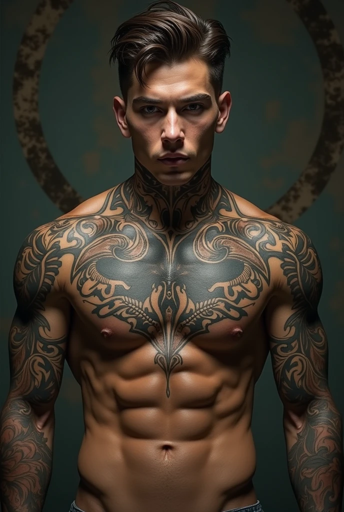 Create a young man with fair skin, attractive, serious and intimidating. She has marked cheekbones as well as her jaw.. He has an athletic body and is full of tattoos. 