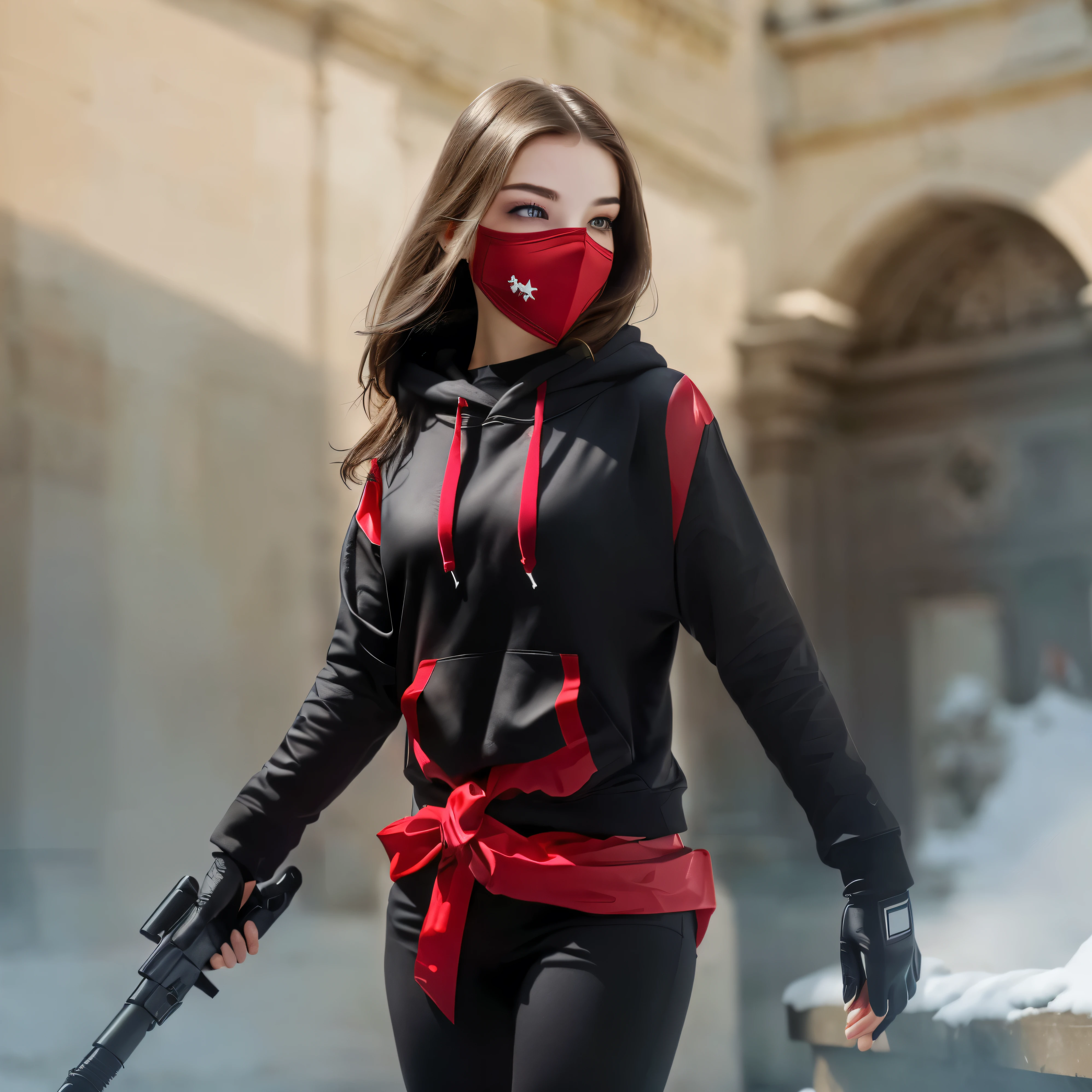 beautiful, European girl, white skin, red mask on her face, black gloves on her hands, black hoodie.