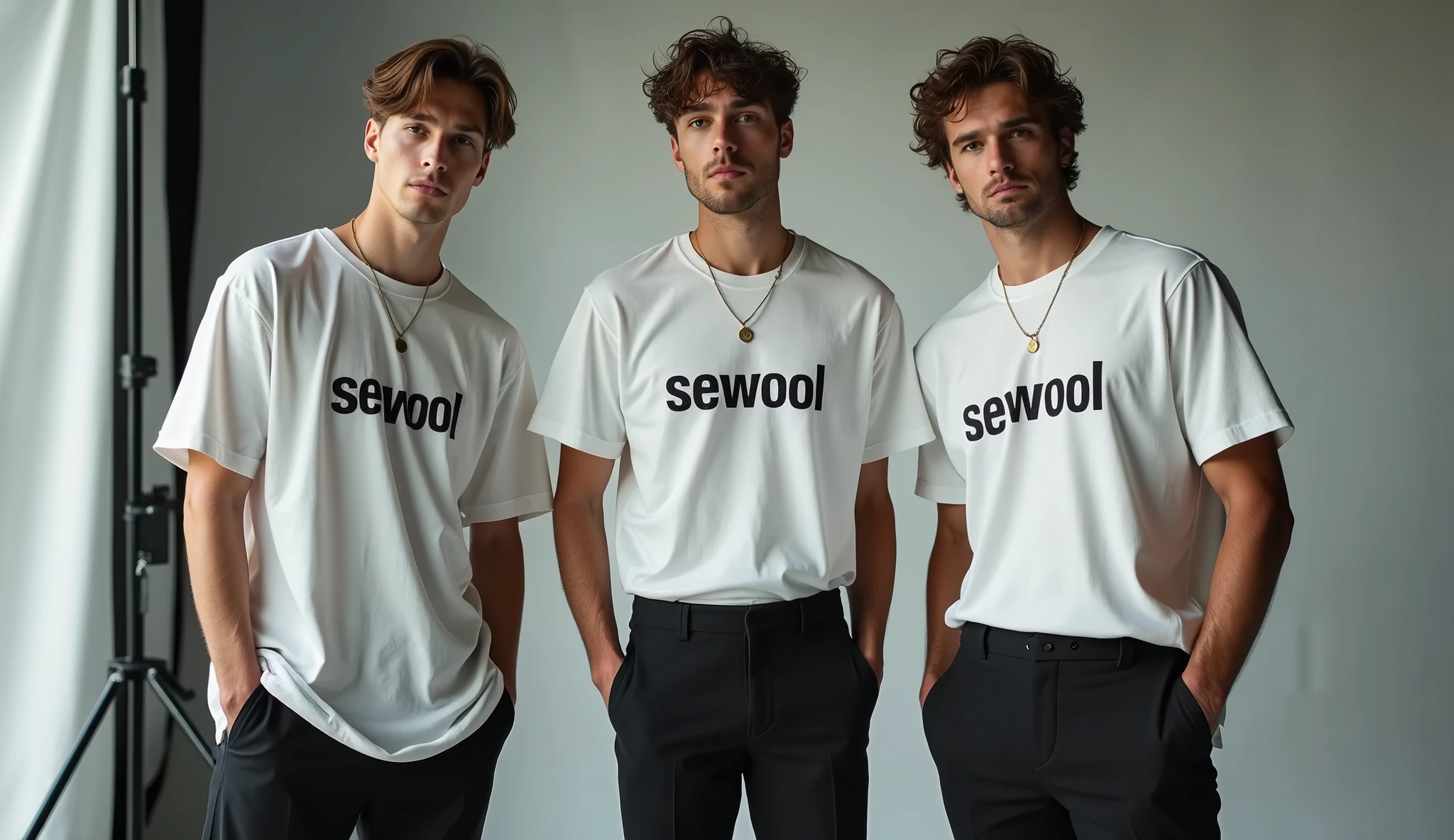 give me a picture of 2 or 3 male models in one picture with wearing oversize t-shirt and wearing formals paint and photoshoot in studio, and print the word on t shirt = Sewool